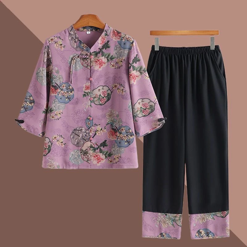 奶奶夏装套装女中老年人国风两件套母亲节妈妈新中式立领气质唐装