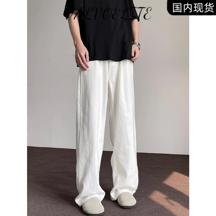白色加绒牛仔裤男款秋冬美式高街cleanfit裤子修身直筒弯刀微喇裤