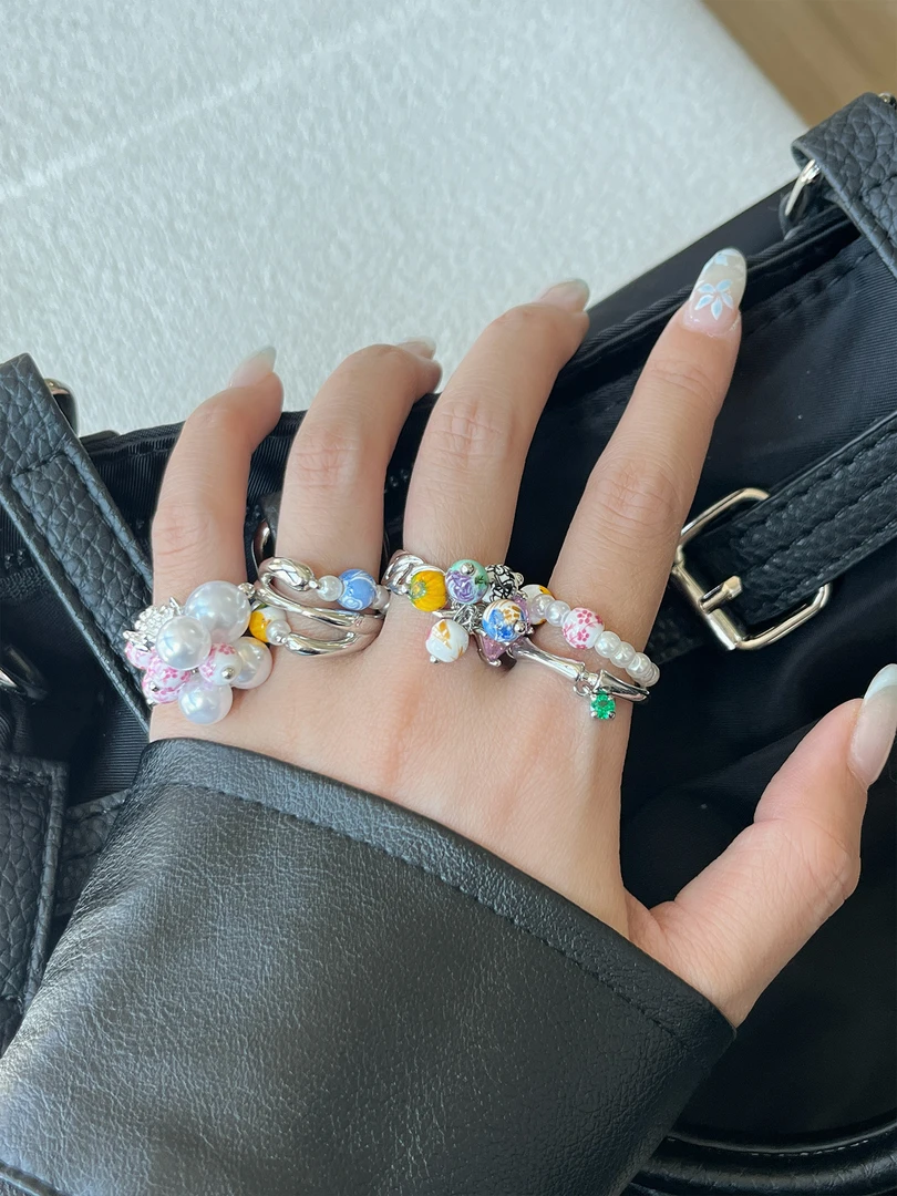 铜合金仿珍珠戒指 ins韩系镂空多层串珠戒指女高级感百搭食指戒潮