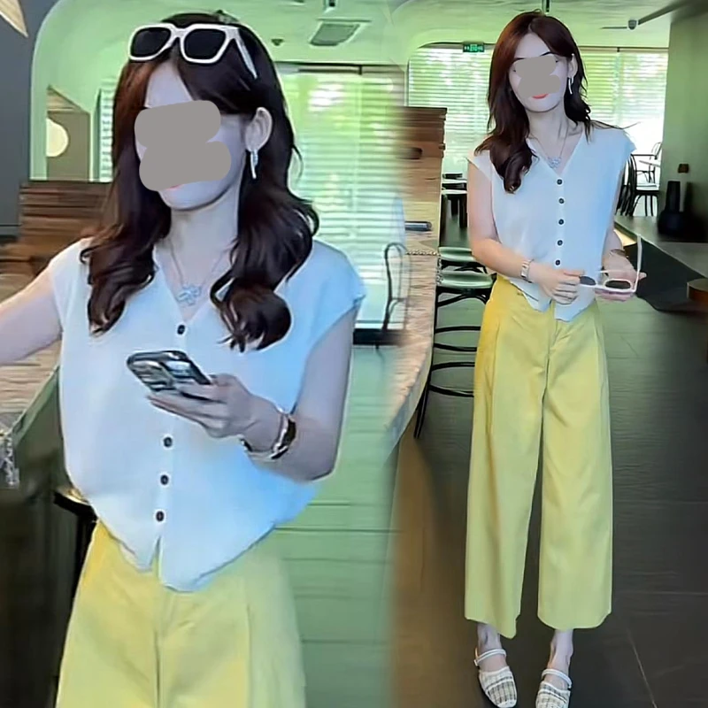 2025夏季新款时尚一整套女装爆款V领针织短袖阔腿休闲裤两件套潮