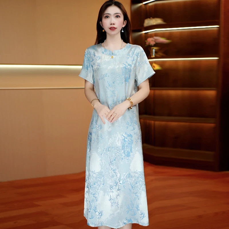 浅蓝逸致吊坠裙 气质中长款时连衣裙百搭遮肉裙子