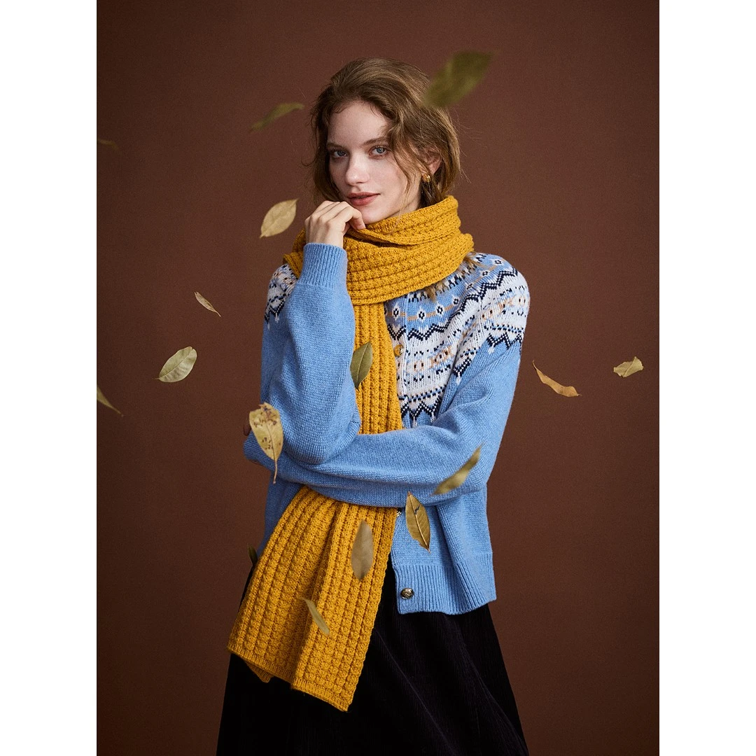 鲸乎费尔岛提花针织毛衣开衫女25秋冬100%美利奴绵羊毛圆领外套