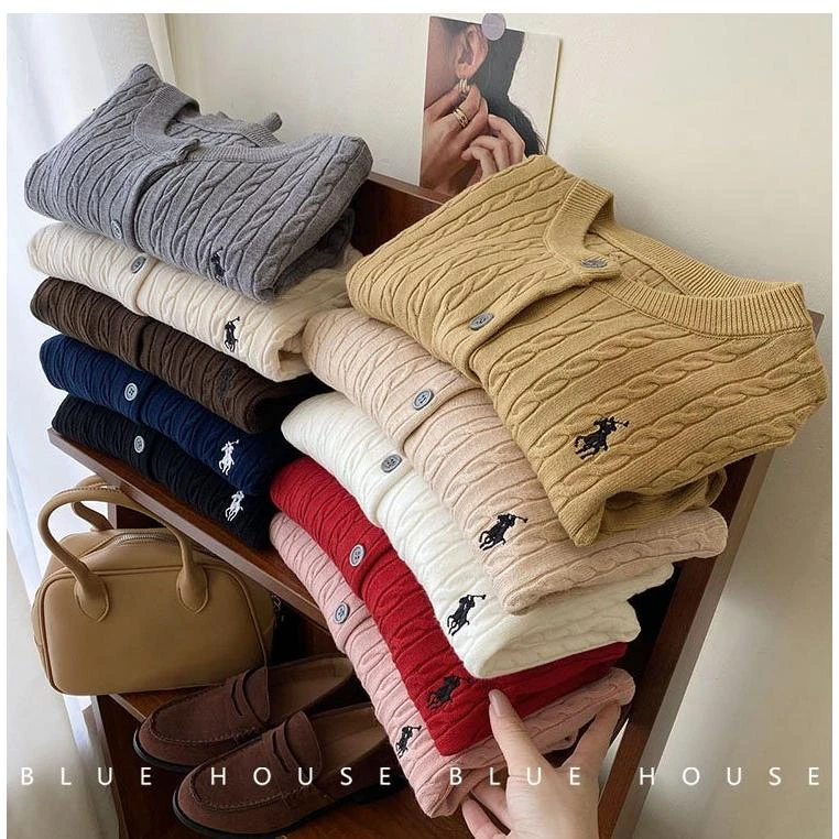 【运补4-8】小马刺绣麻花针织开衫女2025秋冬圆领外套