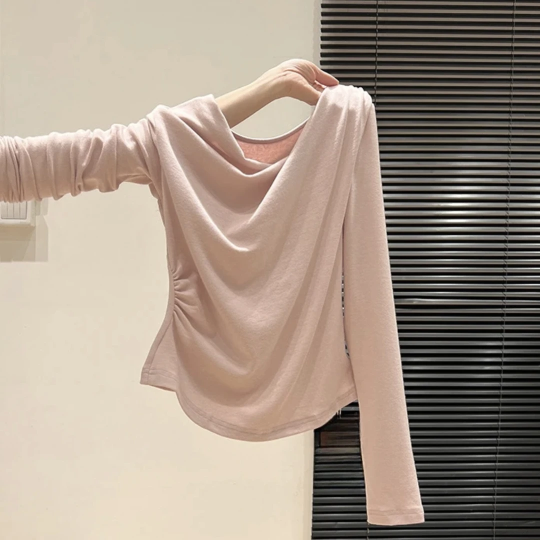 褶皱纯色长袖斜领修身型无痕T恤百搭宽松内搭设计感秋季小众