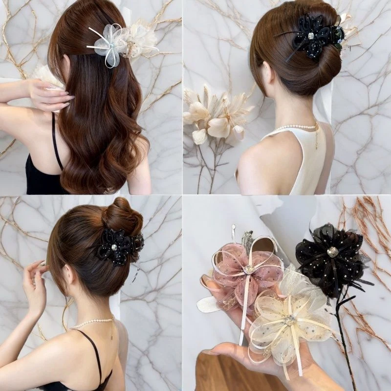蝴蝶结网纱飘带花朵发卡气质百搭鲨鱼夹超仙闪钻发夹马尾夹掺混肥