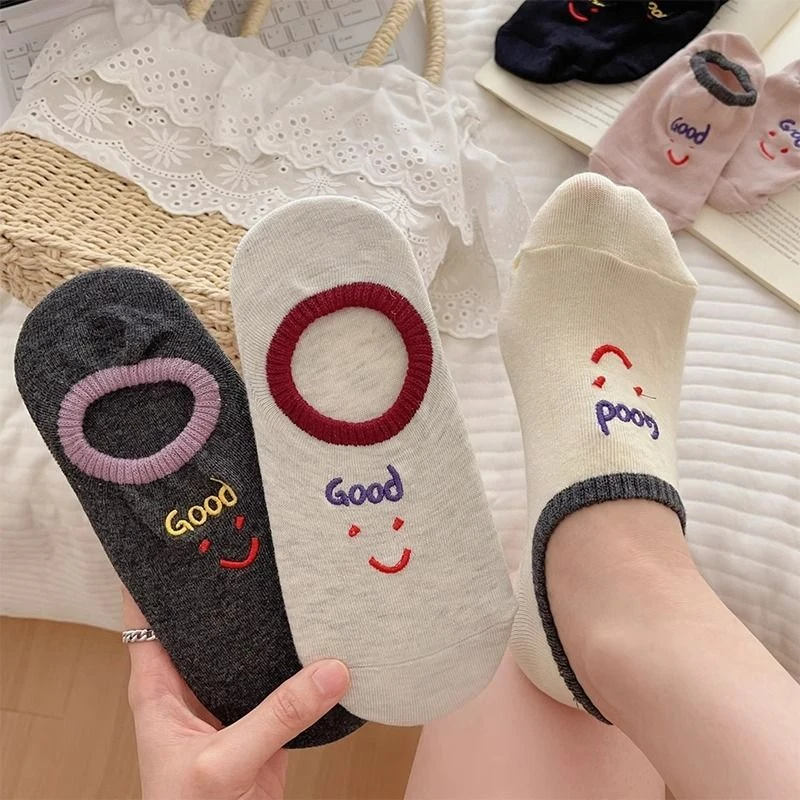 笑脸袜子女船袜纯棉夏季薄款低帮浅口隐形袜防滑不掉跟可爱短袜