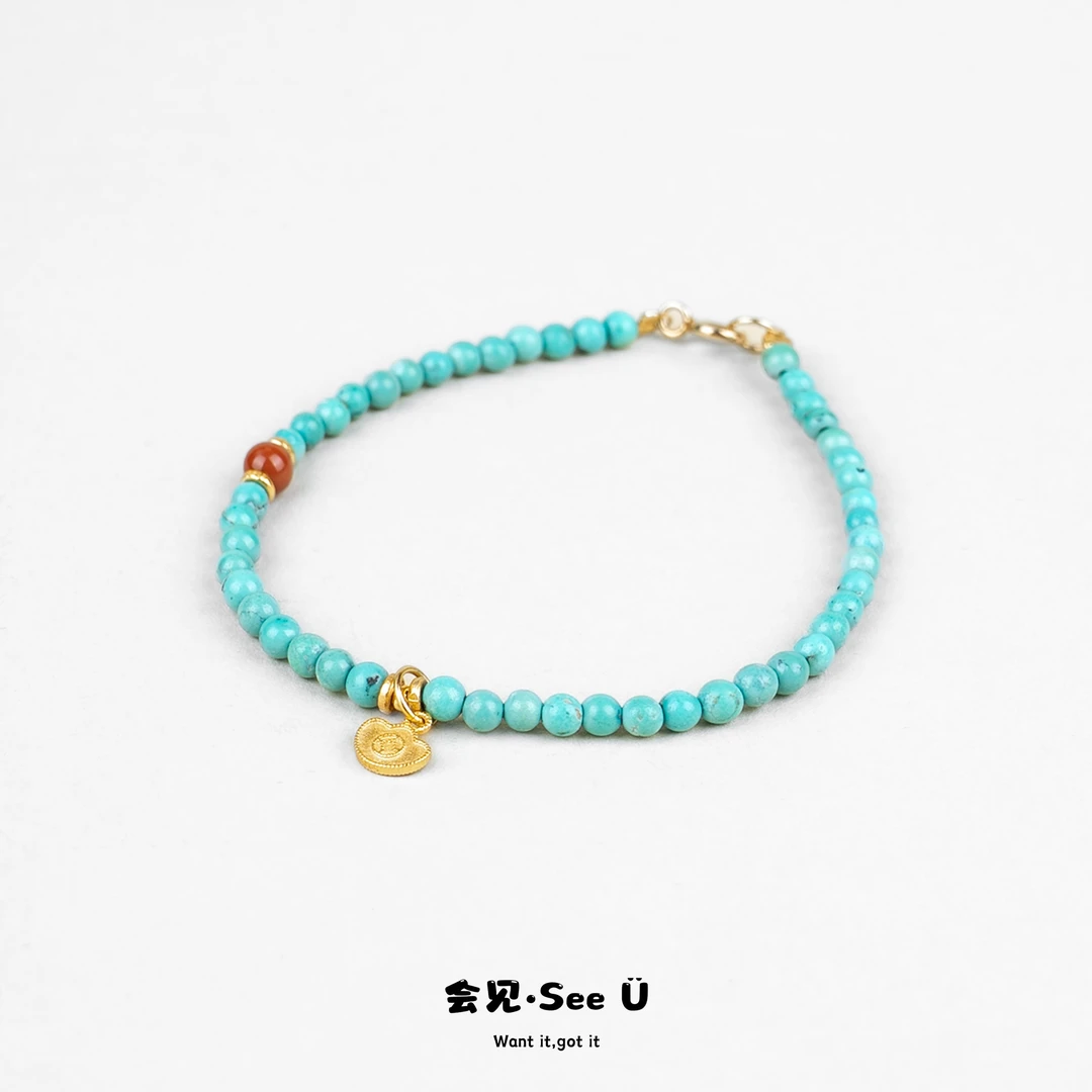 「晴岚」天然湖北绿松石南红柿子红S925银新中式手串手链