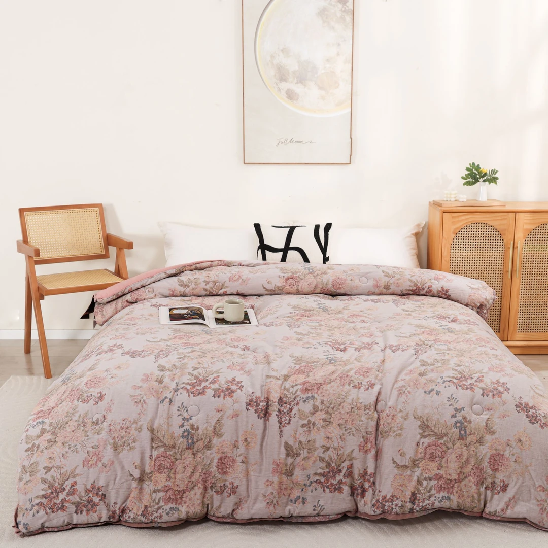 【被套-花团粉】全棉双层纱双人国风被罩轻奢被套椰壳扣