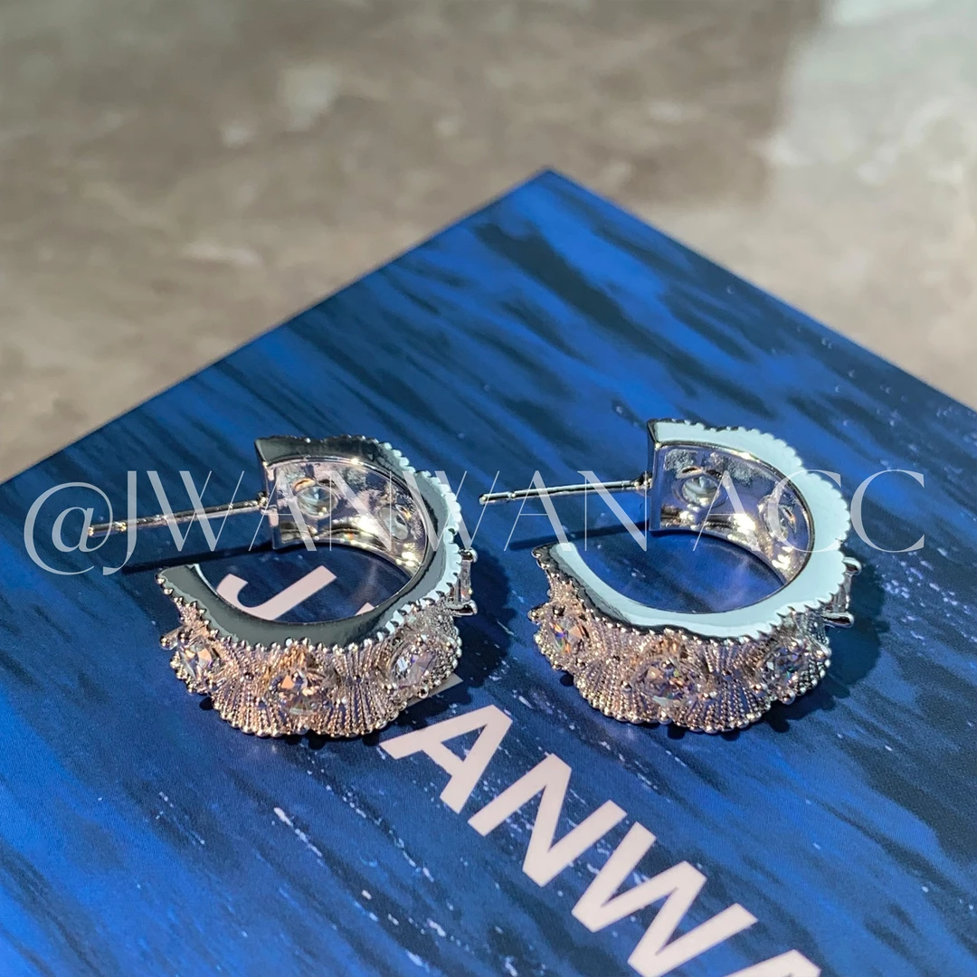 铜合金锆石耳饰 设计师宫廷雕花素银色C形耳圈01ED4268AN