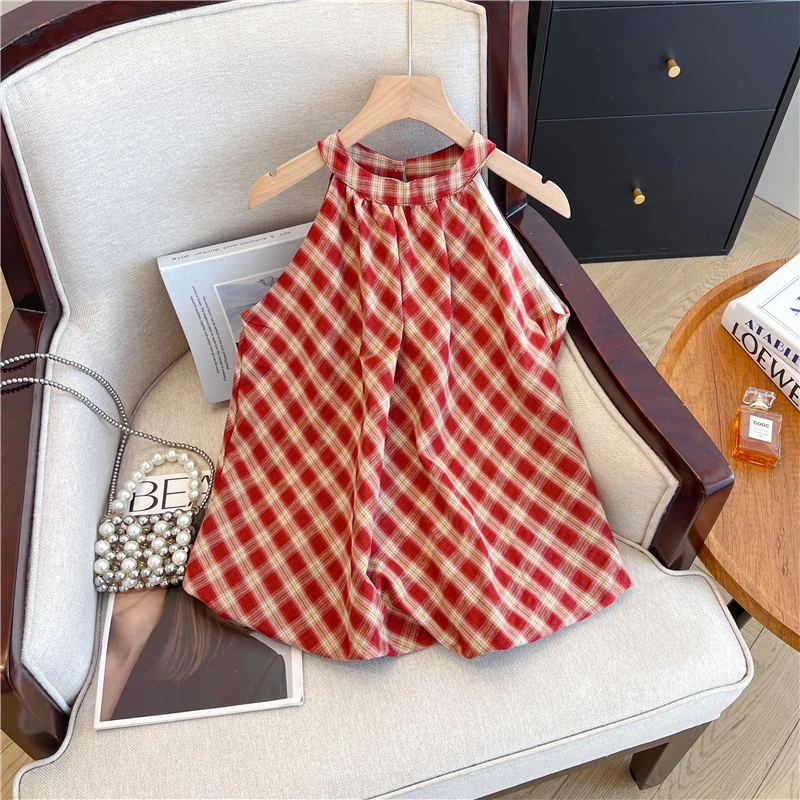 SM宽松韩版时尚格子夏季圆领无袖挂脖上衣蓬蓬甜美可爱风格衣服