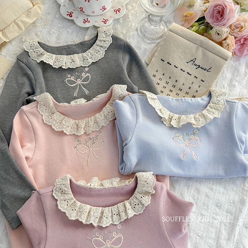 女童蕾丝花边领口刺绣绣花蝴蝶结儿童打底衫TSQ-061