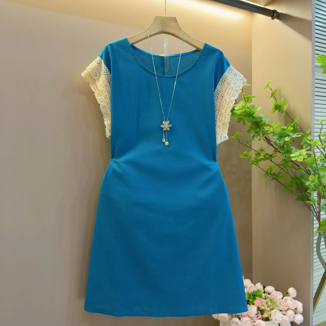 气质大码洋气夏季新款显瘦拼接时尚纯色百搭连衣裙（衣长88左右）