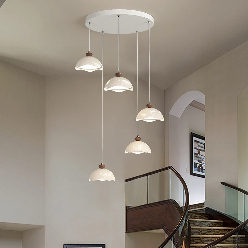 楼梯吊灯中古奶油风别墅公寓家用复式挑空客厅吊灯旋转楼梯长吊灯