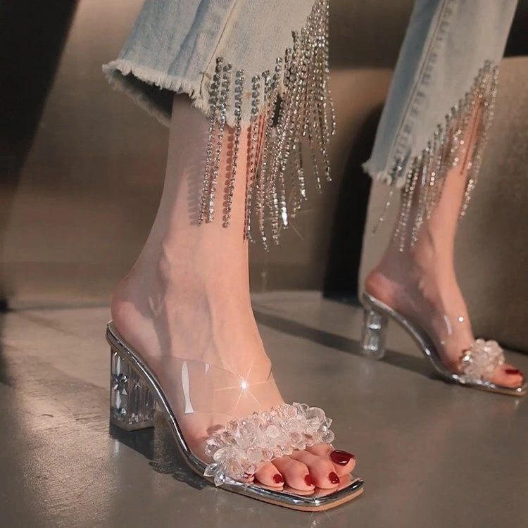 水钻透明凉鞋女夏配裙子粗跟外穿百搭镂空一字拖绝美凉拖鞋高跟鞋