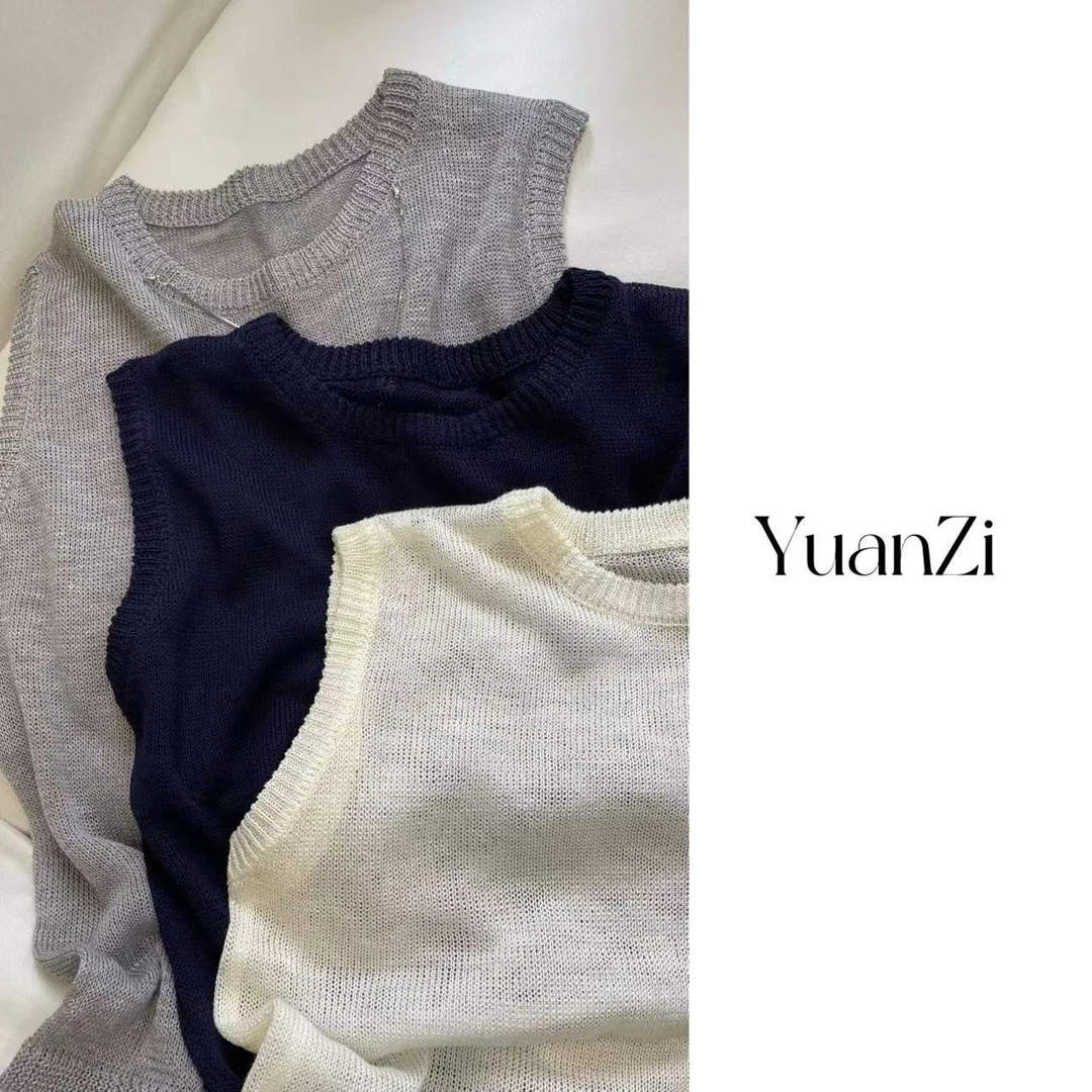 YuanZi夏季薄款纯色针织背心时尚打底秋冬女装镂空圆领无袖宽松