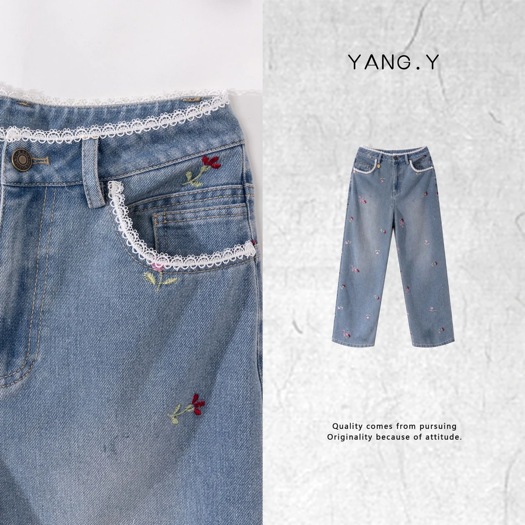 YANG.Y- 深圳原创新中式女装刺绣纯棉2025春款牛仔裤50082