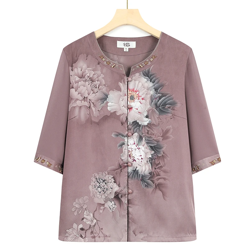 中老年人夏装衬衫女奶奶短袖套装妈妈洋气大码60岁70老人太太衣服