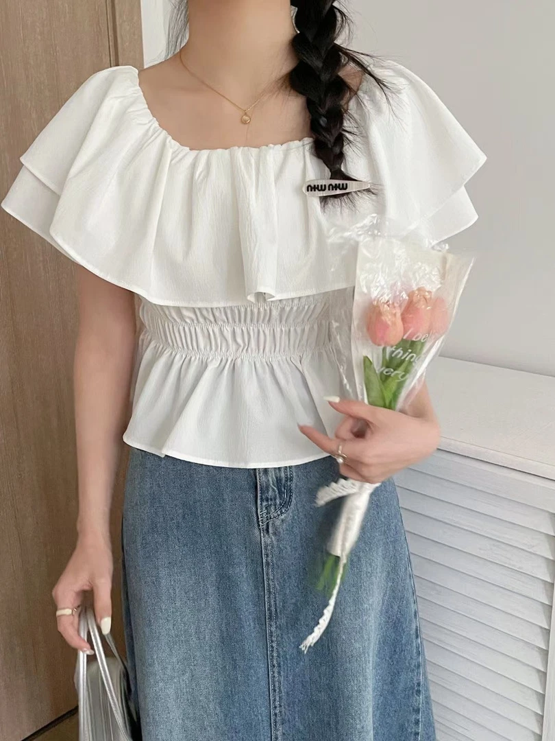 【杂款清货链接】夏季荷叶边短款通勤一字领衬衫气质一字肩上衣