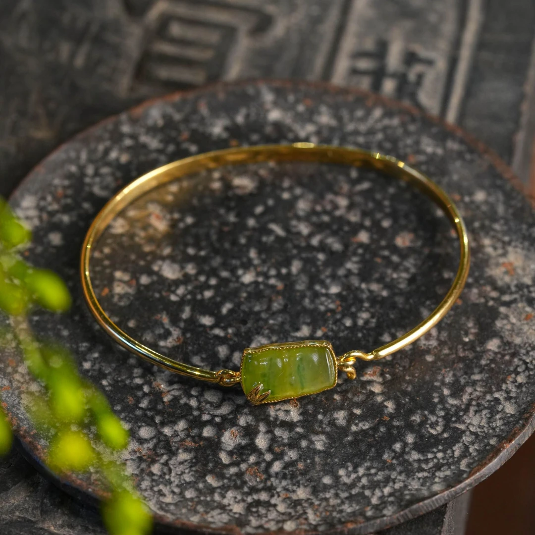 【竹青】冰种黄加绿翡翠竹节18k金镯