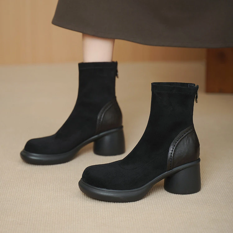 羊皮+绒面~6.5cm秋冬新款厚底高跟短靴女拼接粗跟黑色真皮弹力靴