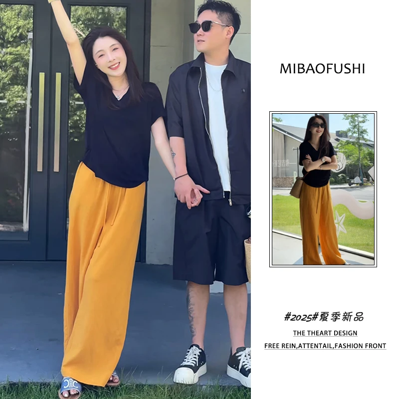 夏季穿搭一整套2025新款韩系黑色V领短袖T恤百搭阔腿裤两件套