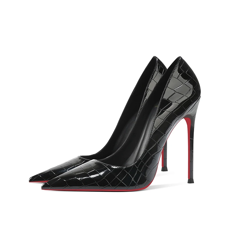 2025时尚新款鳄鱼纹黑色高跟鞋女细跟高级感尖头性感红底气质单鞋
