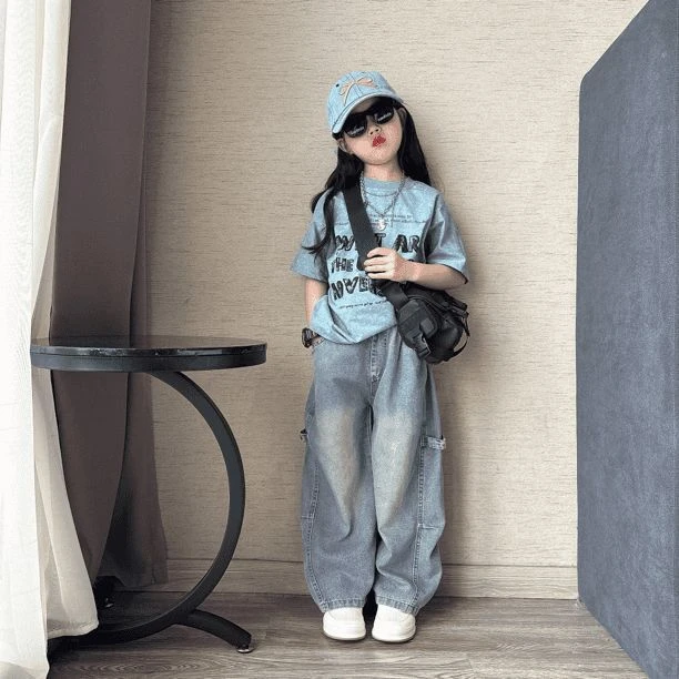 男女儿童夏季休闲蜡染短袖T恤衫中大童薄款牛仔老爹裤直筒裤潮