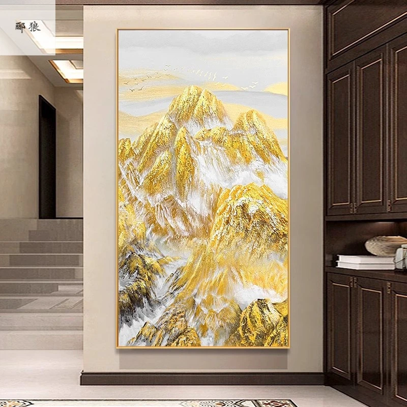 手绘油画背靠金山入户玄关装饰画现代轻奢走廊过道背景墙大幅挂画