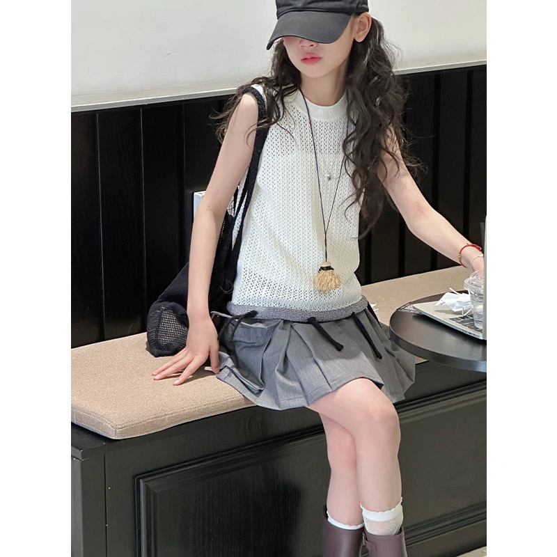 K28694流苏镂空女童背心2025夏装新款度假儿童无袖上衣休闲时髦潮