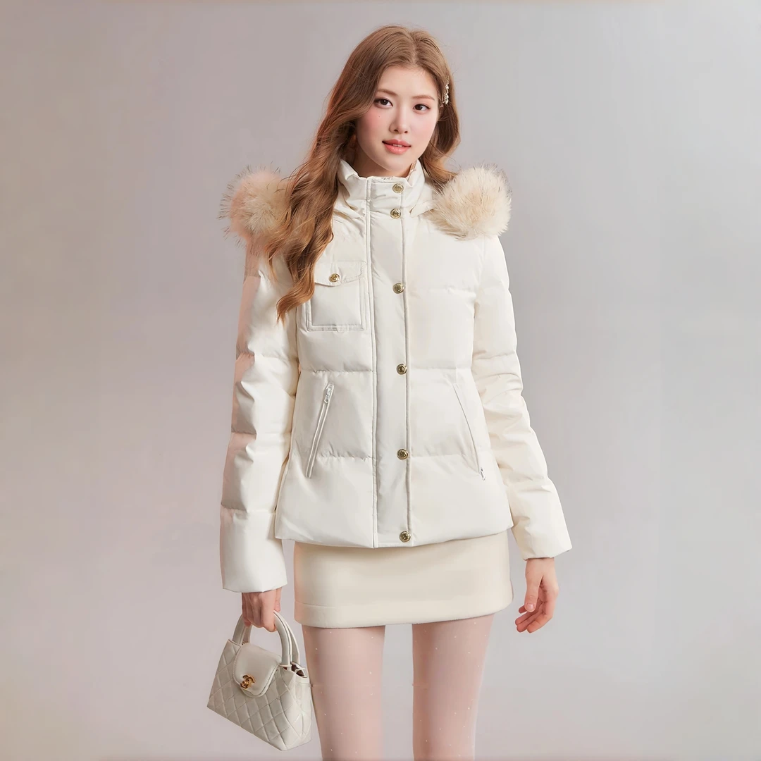 美式复古收腰显瘦棉服高级感加厚保暖可拆卸毛领白色外套冬季新款
