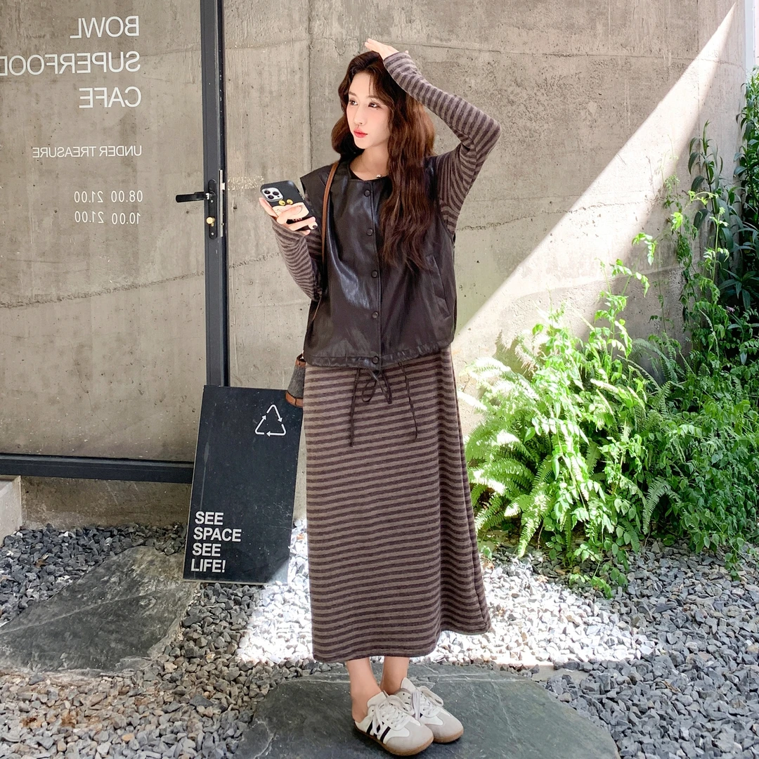 女款纯欲风休闲套装高腰针织裙子韩版复古时尚显瘦裙子显瘦气质套