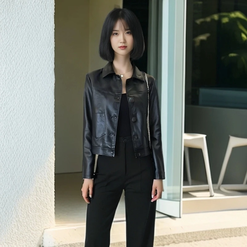 春秋新款女士排扣休闲韩版女装皮衣夹克外套