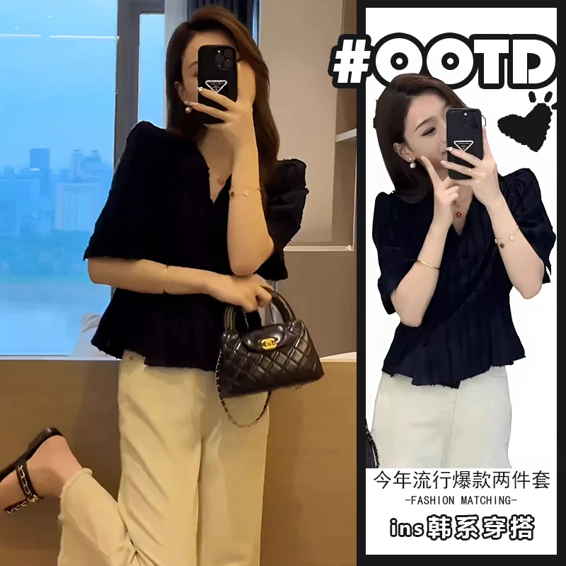 2025夏季新款高级感黑色显瘦v领上衣高腰遮胯休闲裤时尚气质套装