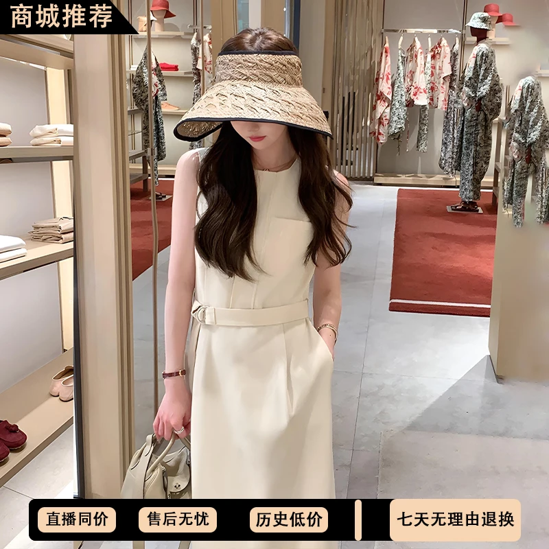 法式圆领口袋收腰白色长裙女夏季小个子高级感时尚连体裤连衣长裙