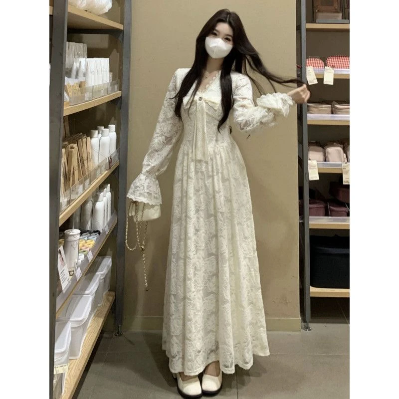 大码法式蕾丝花边加绒长袖收腰显瘦秋冬打底连衣裙