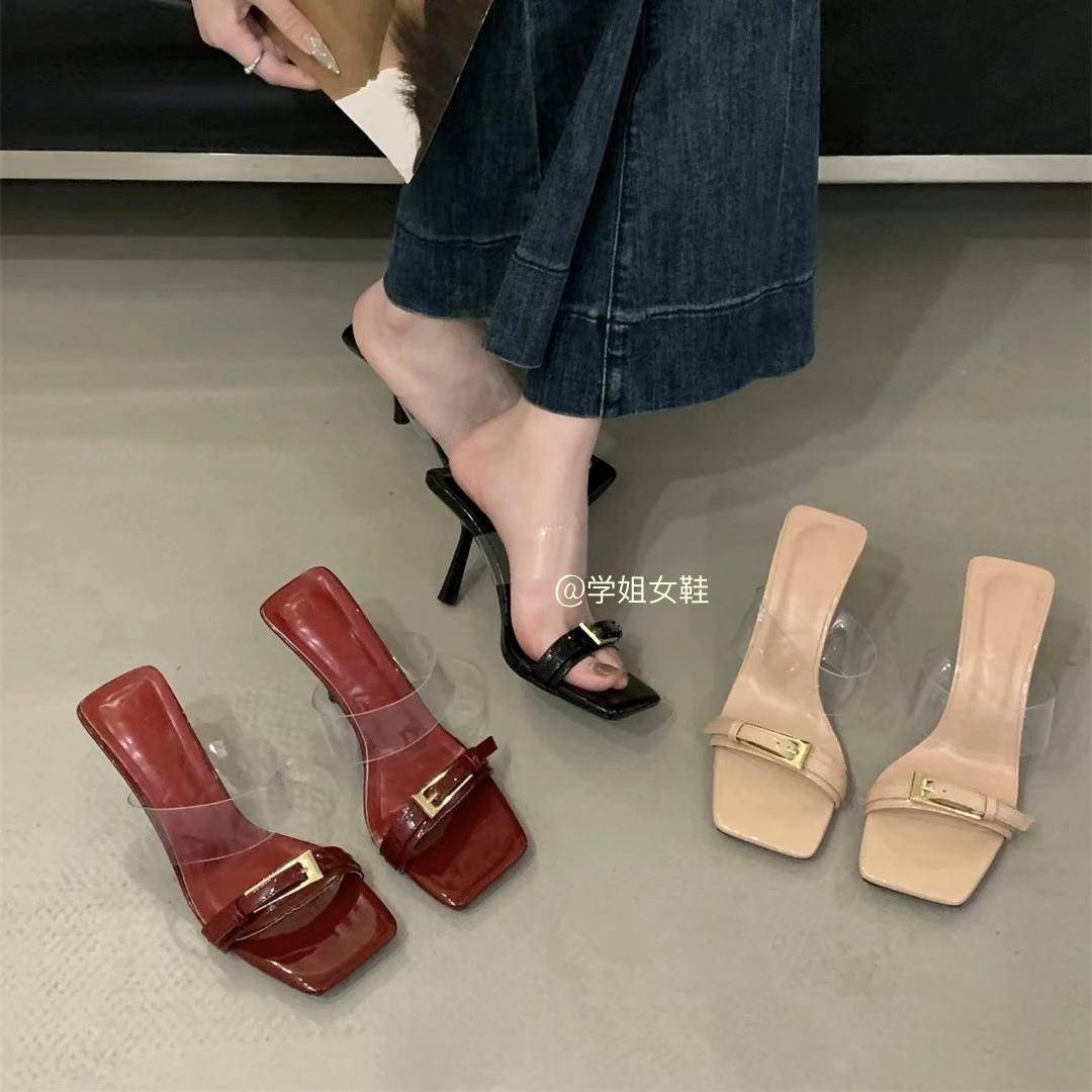 2025新透明高跟凉拖鞋女夏季细跟仙女风一字拖细跟金属扣高跟鞋子