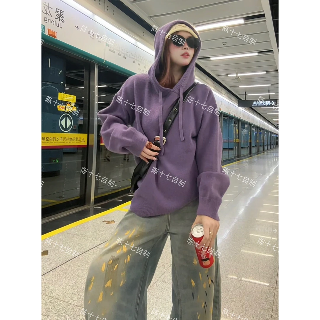 韩系慵懒风抽绳连帽毛衣女宽松秋冬洋气软糯港味上衣针织打底衫女