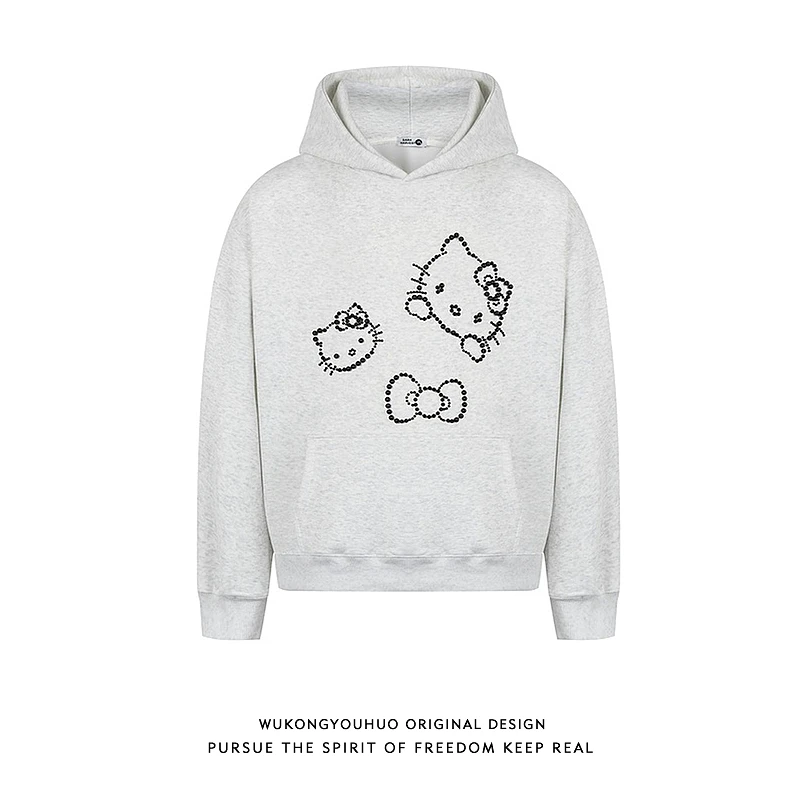 悟空有货美式卡通猫咪钉珠连帽卫衣男女2025潮牌宽松休闲情侣帽衫