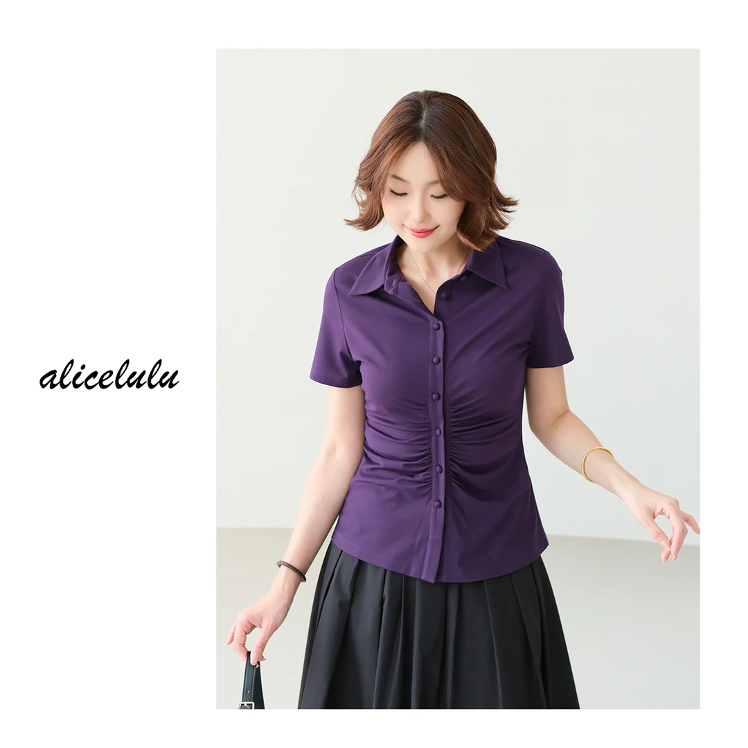 1[alicelulu]褶皱设计感衬衫Polo领收腰时尚纯色短袖S2142429E