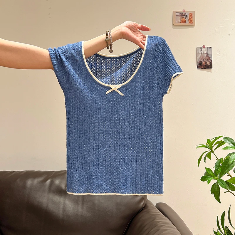普蓝色低圆领蝴蝶结撞色微透薄款针织t恤女夏季新款修身上衣