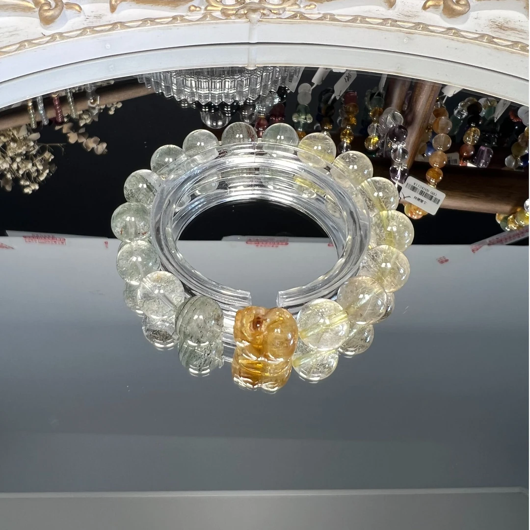 A014 天然水晶手串手链 金发+绿幽灵+黄水晶貔貅