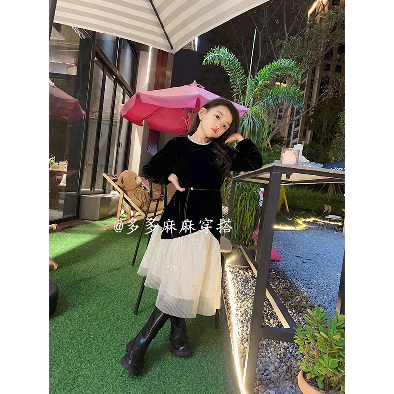 女童连衣裙加绒丝绒赫本风气质亮片网纱拼接黑色长裙23795#