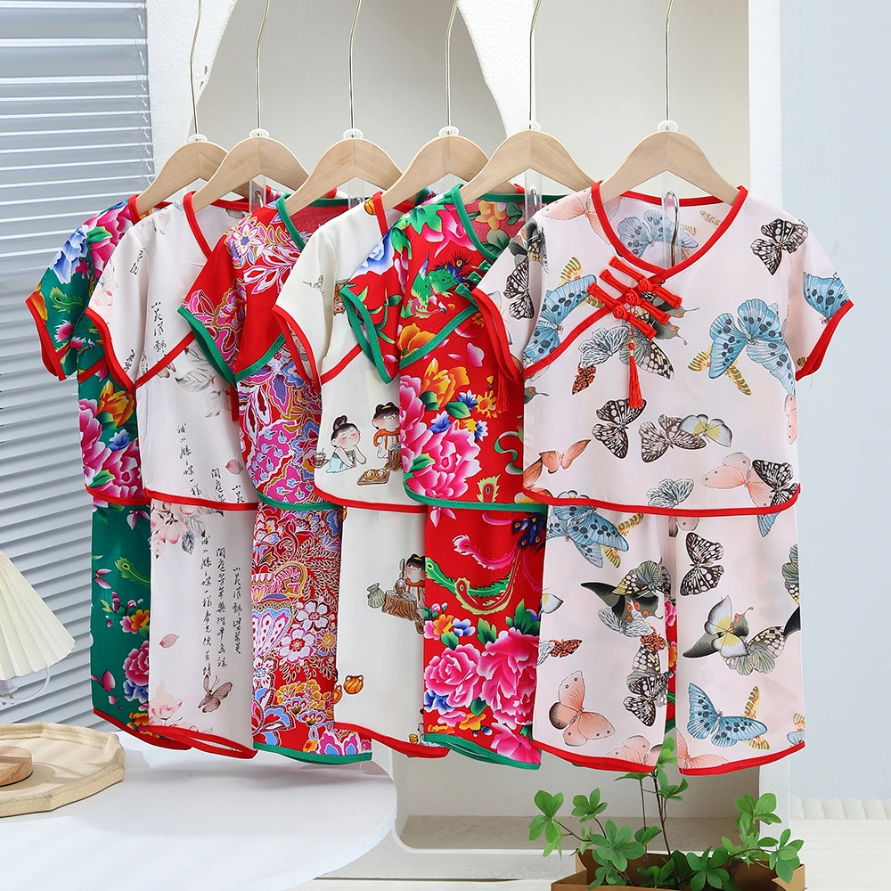 女童夏季中国风汉服套装中小童棉绸宝宝大花洋气唐装家居服婴儿