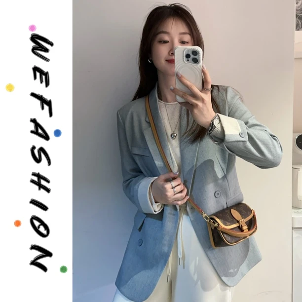【WE】撞色翻边袖韩系双排扣翻盖口袋西装