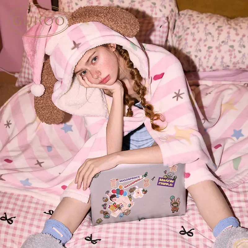 Gukoo/果壳原创卡通轰轰小狗牛奶绒毛绒毯子连帽披肩斗篷睡袍