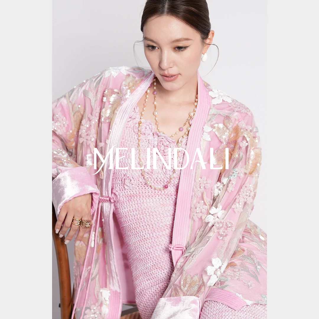 Melinda Li【赤豆蔻】国风新中式网纱珠片刺绣桑蚕丝丝绒内里外套