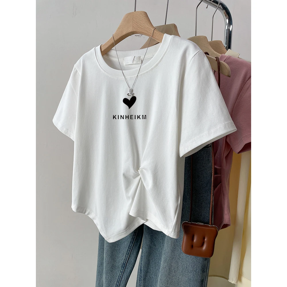 夏季正肩T恤女短袖2025新款不规则下摆褶皱设计感短款上衣小个子