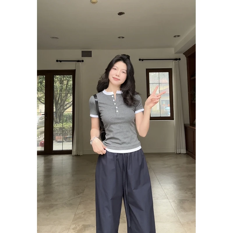 郭九九呢 棉撞色拼接修身显瘦圆领短袖t恤阔腿长裤 G925Y01911