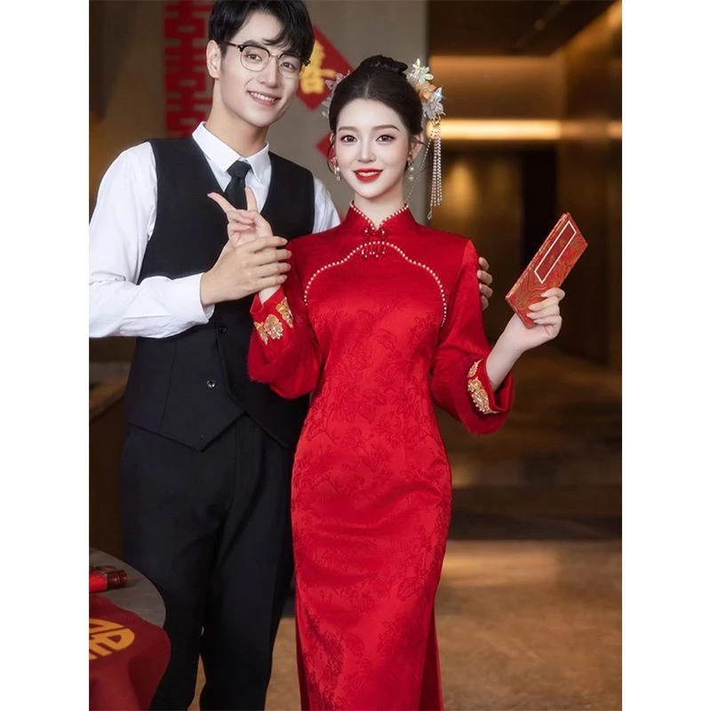 秋冬新款新中式高级感新娘旗袍加绒加厚订婚结婚红色回门敬酒礼服