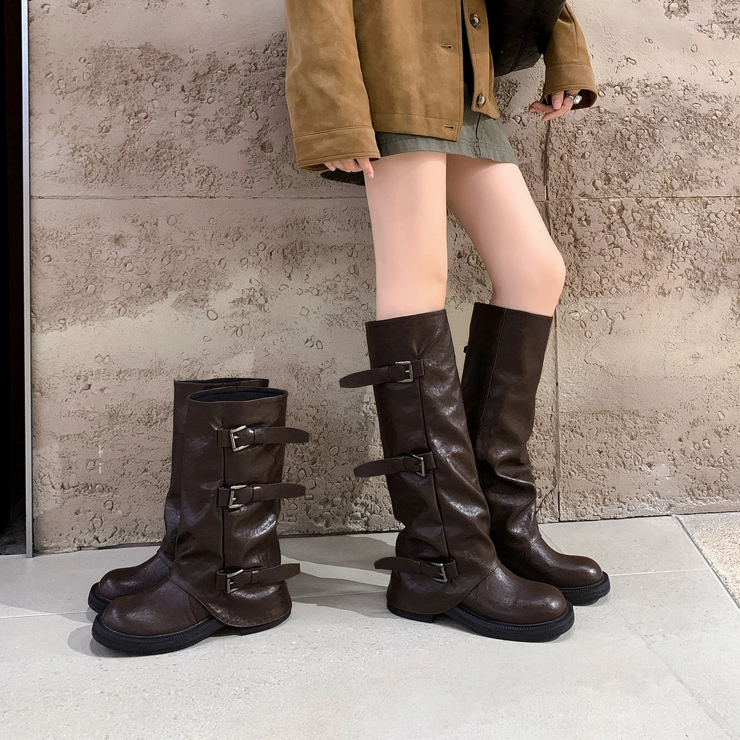 小个子不过膝长筒靴粗跟5cm显腿长西部牛仔马丁靴黑色裤管皱皱靴